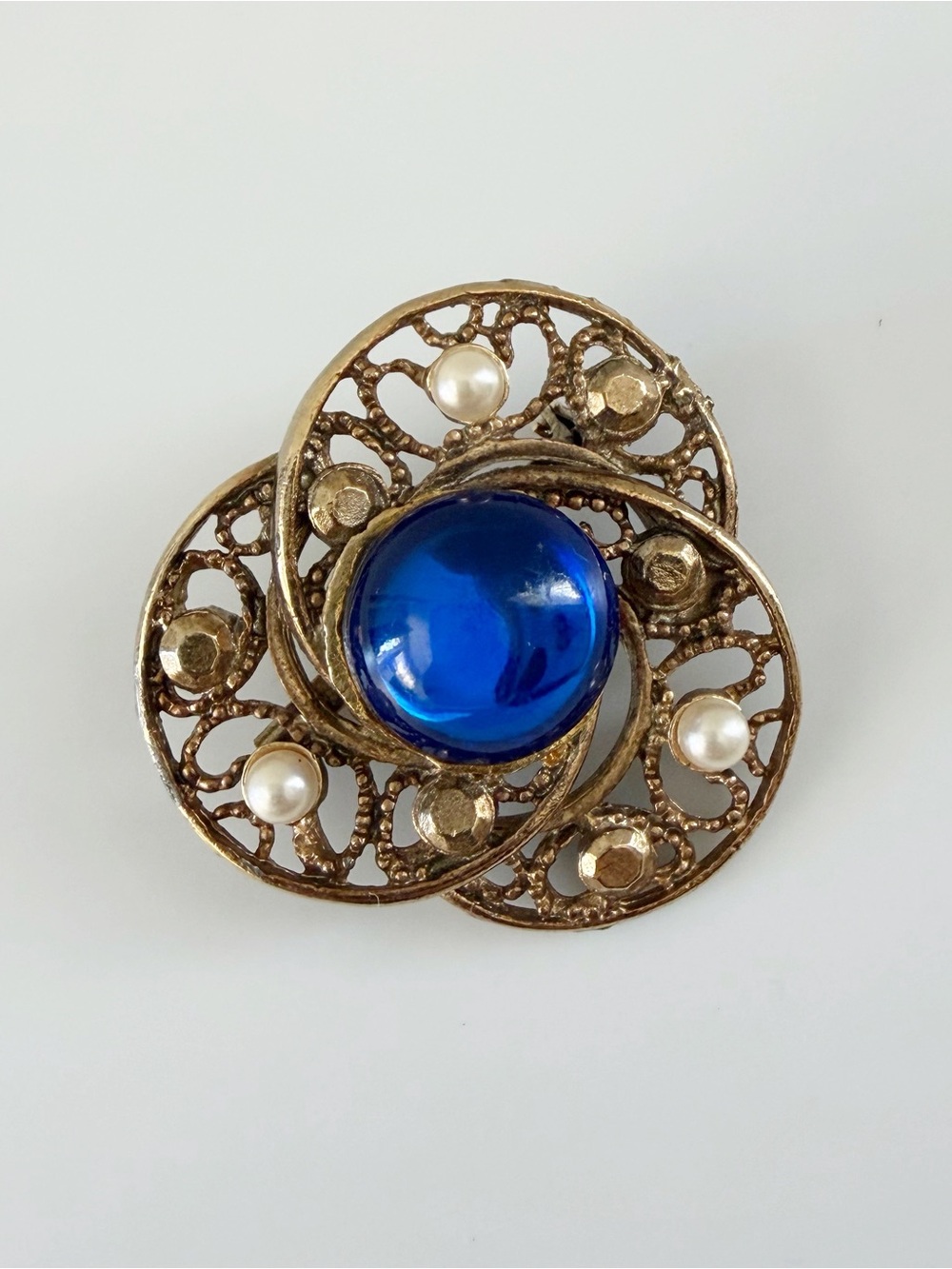 Vintage Blue Gold Tone Statement Brooch Pin